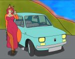  anthro canid canine canis clothed clothing delta_dewitt detailed_background digital_media_(artwork) dress female fox fur hair mammal smile solo vehicle 
