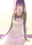  1girl absurdres backlighting breasts collarbone commentary dress grey_sweater hair_between_eyes highres hoshino_ai_(oshi_no_ko) lens_flare long_hair long_sleeves looking_at_viewer medium_breasts open_mouth oshi_no_ko pinafore_dress purple_eyes purple_hair ribbed_sweater sidelocks sleeveless sleeveless_dress solo sora_(men0105) star-shaped_pupils star_(symbol) sweater symbol-shaped_pupils white_background 