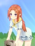  1girl blue_eyes box closed_mouth dress highres holding holding_box long_hair malon outdoors pointy_ears red_hair scarf short_dress short_sleeves sidelocks simple_background smile solo takenoko_pengin the_legend_of_zelda the_legend_of_zelda:_ocarina_of_time 
