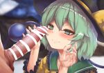  1boy 1girl bar_censor black_headwear blurry blurry_background blush censored collarbone commentary_request green_eyes green_hair hat hat_ribbon highres komeiji_koishi lube paid_reward_available parted_lips penis ribbon short_hair smile solo_focus third_eye touhou upper_body variant_set yamataka yellow_ribbon 