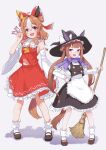  2girls alternate_costume animal_ears apron blush bow commentary_request copano_rickey_(umamusume) cosplay detached_sleeves full_body hair_bow hair_ornament hakurei_reimu hakurei_reimu_(cosplay) hat highres horse_ears horse_girl horse_tail kirisame_marisa kirisame_marisa_(cosplay) long_hair medium_hair multiple_girls navel open_mouth ponpochi purple_eyes school_uniform shoes simple_background standing sweep_tosho_(umamusume) tail touhou umamusume white_background witch_hat 