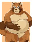  absurd_res anthro belly big_belly blue_eyes breasts brown_body brown_fur canid canine fur hi_res humanoid_hands hysk kemono male mammal moobs navel nipples nude overweight overweight_anthro overweight_male pubes raccoon_dog simple_background solo tanuki whiskers 