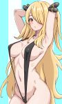  1girl alternate_eye_color arms_behind_head arms_up asairosora blonde_hair breasts covered_nipples cowboy_shot cynthia_(pokemon) groin hair_ornament hair_over_one_eye highres large_breasts long_hair looking_at_viewer navel open_mouth pokemon pokemon_(game) pokemon_dppt slingshot_swimsuit solo swimsuit very_long_hair yellow_eyes 