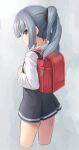  alternate_hairstyle backpack bag black_ribbon brown_eyes cropped_legs dress from_side grey_background gyuunyuu-san hair_ribbon kantai_collection kasumi_(kancolle) kasumi_kai_ni_(kancolle) long_hair long_sleeves looking_at_viewer looking_to_the_side pinafore_dress ponytail randoseru red_bag ribbon shirt simple_background sleeveless sleeveless_dress white_shirt 