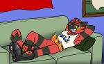  black_boots black_clothing black_footwear boots clothing footwear furniture generation_7_pokemon hi_res immelmann incineroar male nintendo pendant pokemon pokemon_(species) rocket_boots shirt sofa solo tahu_(incineroar) tank_top topwear 