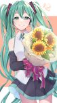  1girl absurdres aqua_eyes aqua_hair aqua_necktie blush bouquet breasts commentary_request cowboy_shot detached_sleeves facing_viewer flower hatsune_miku highres holding holding_bouquet holding_flower long_hair long_sleeves medium_breasts necktie parted_lips sano_(sanonomo) shirt smile solo sunflower teeth twintails very_long_hair vocaloid white_shirt 