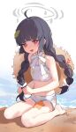  1girl absurdres ahoge barefoot black_hair blue_archive blush braid hair_ribbon halo hat hat_around_neck highres leaf leaf_print long_hair looking_at_viewer miyu_(blue_archive) miyu_(swimsuit)_(blue_archive) open_mouth red_eyes ribbon shenqi_de_(9) sitting solo straw_hat swimsuit twin_braids very_long_hair water white_ribbon 