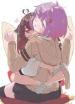  2girls a.i._voice ahoge asada_(lzn5070) black_skirt blade blush brown_cardigan brown_hair cardigan hair_ornament hairclip headgear heart heart_ahoge highres hooded_cardigan hug leg_lock looking_at_viewer looking_back multiple_girls parted_lips purple_eyes purple_hair red_eyes school_uniform short_hair skirt socks sweat tabi touhoku_kiritan voiceroid white_socks yuzuki_yukari yuzuki_yukari_(shizuku) 