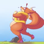  2016 2_tails anthro belly biped black_nose blue_background breasts butt detailed_background exclamation_point feet female fingers floatzel fur garuda_six generation_4_pokemon gradient_background grass looking_down multi_tail nintendo nude open_mouth orange_body orange_fur orange_tail pawpads pink_pawpads plant pokemon pokemon_(species) rock simple_background slightly_chubby solo standing tail toes 