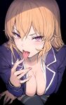  1girl black_background blonde_hair blush breasts cleavage collarbone from_above haoni highres large_breasts long_hair long_sleeves looking_at_viewer looking_up nakiri_erina open_mouth purple_eyes saliva shirt shokugeki_no_souma simple_background solo thighhighs tongue tongue_out white_shirt 