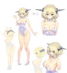  1girl absurdres animal_ears ass bare_legs blonde_hair blue_eyes bow breasts cleavage colorado_(kancolle) commentary_request commission cowboy_shot detached_collar headgear highres kantai_collection kiyama_satoshi large_breasts leotard looking_at_viewer multiple_views rabbit_ears rabbit_tail short_hair side-tie_leotard simple_background skeb_commission smile standing strapless strapless_leotard tail upper_body white_background white_footwear white_leotard wrist_cuffs 