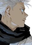  1boy black_scarf blue_eyes commentary_request gojou_satoru jujutsu_kaisen looking_to_the_side male_focus nori20170709 open_mouth scarf short_hair simple_background solo twitter_username white_background white_hair 