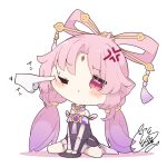  1girl anger_vein bare_shoulders beni_shake blush cheek_poking chibi disembodied_limb fu_xuan_(honkai:_star_rail) hair_ornament honkai:_star_rail honkai_(series) long_hair one_eye_closed pink_hair poking purple_eyes sitting solo twintails wariza 