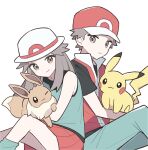  1boy 1girl brown_eyes brown_hair closed_mouth eevee eyelashes green_pants green_shirt green_socks hair_flaps hat holding holding_pokemon leaf_(pokemon) long_hair oyul_o pants pikachu pleated_skirt pokemon pokemon_(creature) pokemon_(game) pokemon_frlg red_(pokemon) red_headwear shirt sidelocks skirt sleeveless sleeveless_shirt smile socks white_headwear 