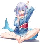 1girl absurdres bare_legs barefoot blue_eyes blue_hair blue_hoodie blurry blurry_background blush collarbone depth_of_field eyelashes feet fins fish_tail full_body gawr_gura gawr_gura_(1st_costume) grey_hair hair_ornament highres hololive hololive_english hood hood_down hoodie knees_apart_feet_together legs looking_at_viewer multicolored_hair on_ground one_eye_closed open_mouth pero_(peroneko0510) shark_girl shark_hair_ornament shark_tail sharp_teeth sitting solo streaked_hair tail teeth thighs toenails toes tongue two_side_up virtual_youtuber wide_sleeves yawning 