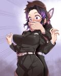  1boy 1girl absurdres black_hair breasts brown_hair butterfly_hair_ornament chloroform cloth commission covering_another&#039;s_mouth covering_mouth demon_slayer_uniform drugged georugu13 grabbing grabbing_from_behind hair_ornament hand_over_another&#039;s_mouth hands_up highres holding_cloth kimetsu_no_yaiba kochou_shinobu medium_breasts multicolored_hair pixiv_commission purple_eyes purple_hair short_hair wide-eyed 