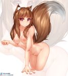  animal_humanoid bare_shoulders blush breasts brown_body brown_fur brown_hair butt canid canid_humanoid canine canine_humanoid canis digital_media_(artwork) female fur genitals hair holo_(spice_and_wolf) humanoid likunea looking_at_viewer mammal mammal_humanoid medium_breasts monster_girl_(genre) nipples nude nude_female open_mouth pussy red_eyes side_boob simple_background smile solo spice_and_wolf standing text url wolf_ears wolf_humanoid 