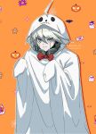  1boy ahoge artist_name bow bowtie candy closed_mouth commission danganronpa_(series) danganronpa_v3:_killing_harmony food ghost ghost_costume grey_eyes grey_hair hands_up headphones hood hood_up japduk_s2 k1-b0 male_focus orange_background power_armor pumpkin red_bow red_bowtie silk smile solo spider_web sticker 