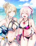  2girls armpits beach bikini black_bikini blonde_hair blush breasts carrying carrying_under_arm cleavage closed_eyes closed_mouth cloud cloudy_sky commentary cowboy_shot day expressionless giselle_(idola) grey_bikini hair_between_eyes hair_bun hair_ornament hair_ribbon heart heart_necklace highres idola_phantasy_star_saga jewelry leaning_forward looking_at_viewer medium_breasts medium_hair multiple_girls navel necklace ocean okuyama outdoors pink_hair ponytail red_ribbon ribbon short_hair sidelocks sky smile standing star_(symbol) star_hair_ornament stomach swept_bangs swimsuit the_warrior_(idola) yellow_eyes 