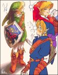 1boy black_border blonde_hair blue_eyes boots border bottle brown_footwear brown_gloves commentary_request earrings eyelashes fairy fingerless_gloves floating full_body gloves green_headwear green_tunic holding holding_bottle holding_sword holding_weapon hylian_shield jewelry kwsby_124 link male_focus master_sword multiple_views navi official_alternate_costume shadow shield short_hair standing sword the_legend_of_zelda the_legend_of_zelda:_ocarina_of_time weapon white_background 