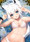  1girl :d animal_ears bikini blue_eyes breasts double_fox_shadow_puppet fox_ears fox_girl fox_shadow_puppet fox_tail highres hololive large_breasts long_hair looking_at_viewer navel open_mouth partially_submerged shirakami_fubuki smile stomach swimsuit tail takumin_dx virtual_youtuber water wet white_bikini white_hair 