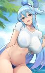  1girl aqua_(konosuba) arm_behind_back beach bikini bikini_under_clothes blue_eyes blue_hair breasts collarbone cowboy_shot crop_top curvy gradient_hair hair_between_eyes hair_rings head_tilt highres impossible_clothes impossible_leotard jampen kono_subarashii_sekai_ni_shukufuku_wo! large_breasts leaning_forward leotard long_hair looking_at_viewer multicolored_hair navel ocean open_mouth outdoors palm_tree see-through shirt sky smile solo string_bikini swimsuit tied_shirt tree very_long_hair 