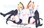 2girls absurdres animal_ear_headphones animal_ears blonde_hair blue_archive blush bow breasts cat_ear_headphones cat_ears fake_animal_ears fake_tail green_eyes hair_bow halo headphones highres holding looking_at_viewer midori_(blue_archive) minase_yuki momoi_(blue_archive) multiple_girls open_mouth school_uniform shirt short_hair short_sleeves shorts siblings simple_background sisters sitting skirt smile suspenders tail thighhighs twins white_shirt 