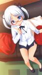  1girl blue_eyes bow bowtie chiara_farrell dark-skinned_female dark_skin glasses grisaia_(series) grisaia_no_kajitsu grisaia_no_meikyuu grisaia_no_rakuen indoors looking_at_viewer red-framed_eyewear shouji_ayumu smile solo tan twintails white_hair 