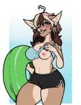  anthro areola blush bottomwear breasts clothed clothing clothing_lift deer embarrassed female floatie frenhm freyja_(frenhm) hi_res inflatable mammal nipples pool_toy shirt shirt_lift shorts smile solo striptease topwear 