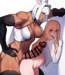  2girls bar_censor bent_over blonde_hair blue_eyes blush breasts caenis_(fate) censored elbow_gloves fate/grand_order fate_(series) futanari genderswap genderswap_(mtf) gloves hair_between_eyes hair_intakes heart highres huge_penis kirschtaria_wodime large_breasts long_hair long_sleeves multiple_girls muscular muscular_female navel penis sabamori simple_background speech_bubble tattoo teeth thighhighs white_background white_hair 