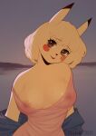  absurd_res anthro breasts clothing english_text female generation_1_pokemon hi_res irieninflowers looking_at_viewer nintendo nipples pikachu pokemon pokemon_(species) solo text translucent translucent_clothing 