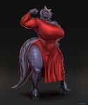  abelisaurid absurd_res anthro biceps big_breasts breasts carnotaurus clothed clothing collar curvy_figure dinosaur dress female flexing footwear genitals glistening glistening_body glistening_thighs hi_res high_heels horn huge_breasts huge_thighs jacqueline_crowlie_(feldspartan) mr_dark_and muscular muscular_female nipple_piercing nipple_ring nipples non-mammal_breasts non-mammal_nipples nude piercing purple_body purple_scales pussy red_clothing red_dress reptile ring_piercing scales scalie solo spiked_collar spikes standing stripes theropod thick_thighs voluptuous wide_hips 