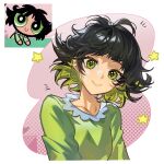  1girl absurdres black_hair breasts buttercup_(ppg) buttercup_redraw_challenge_(meme) collarbone cropped_torso derivative_work flipped_hair green_eyes green_hair highres mato-c meme messy_hair multicolored_background multiple_views pajamas powerpuff_girls small_breasts star_(symbol) 
