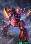  city cloud cloudy_sky copyright_name dual_wielding embers glowing glowing_eye gundam gundam_arsenal_base gundam_build_fighters holding horns logo looking_at_viewer machete mecha missile_pod mobile_suit no_humans official_art purple_eyes robot science_fiction single_horn sky solo yukishiro_chifuyu zaku_amazing 