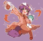  1boy coat collared_shirt commentary_request cup doll e.g.o_(project_moon) employee_(lobotomy_corporation) fang green_eyes green_nails holding holding_cup holding_doll kawaii_inu5 lobotomy_corporation long_sleeves male_focus necktie open_clothes open_coat open_mouth orange_coat orange_footwear orange_necktie orange_pants orange_vest outline pants project_moon purple_background purple_hair shirt simple_background slime_(substance) smile solo sparkle vest white_outline white_shirt 
