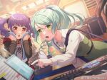  2girls aqua_hair bang_dream! blush dress drill_hair drum drum_set green_dress green_eyes high_ponytail hikawa_sayo instrument keyboard_(instrument) long_hair long_sleeves looking_at_viewer multiple_girls musical_note official_art open_mouth purple_hair red_eyes twin_drills twintails udagawa_ako 