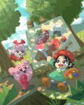  2girls adeleine aqua_dress blue_eyes blush_stickers bow brown_footwear day dress fairy forest grass hair_bow highres kirby kirby_(series) kirby_64 long_sleeves maxim_tomato miclot multiple_girls nature open_mouth paintbrush palette_(object) pink_hair red_bow ribbon_(kirby) shoes short_hair smile tree 