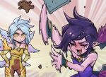  2girls :d bare_shoulders blush breasts closed_eyes commentary_request cookie dress food gold_armor grey_hair hands_on_own_hips kayle_(league_of_legends) league_of_legends medium_hair morgana_(league_of_legends) multicolored_background multiple_girls open_mouth phantom_ix_row pointy_ears purple_dress purple_hair short_hair small_breasts smile teeth throwing tongue upper_body wings yellow_eyes 
