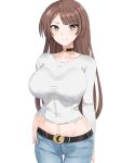  1girl alternate_breast_size belt breasts brown_hair c-sha casual choker commission denim grey_eyes hair_ornament hairclip hand_on_own_hip highres jeans large_breasts long_hair looking_at_viewer navel neptune_(series) paid_reward_available pants pixiv_commission shin_jigen_game_neptune_vii skin_tight smile solo zatsu 