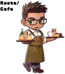  1boy apron bara black_hair black_pants character_name chibi collared_shirt gachimuchi_de_dosukebe_na_kateikyoushi_no_oniisan_to_sugosu_natsu glasses green_apron green_eyes holding holding_tray male_focus muscular muscular_male official_art open_mouth pants ryota_hibiki shirt short_hair smile solo tray wasp_(anthyutena) white_shirt 