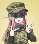  1girl blue_eyes bocchi_the_rock! camouflage camouflage_headwear camouflage_jacket cube_hair_ornament finger_gun gotou_hitori gradient_background hair_ornament hands_up hat highres jacket long_hair military military_hat military_uniform myjet nervous one_side_up open_mouth pink_hair soldier solo sweat uniform 