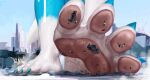  4_toes anthro blue_sky building canid canine canis car city claws feet foot_focus macro male mammal micro pawpads paws sky soles solo solutionwcs toes vehicle wolf 