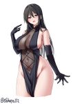  1girl bare_shoulders black_dress black_gloves black_hair blush breasts chikuma_(kancolle) covered_navel cropped_legs dress ebifurya elbow_gloves gloves groin hair_between_eyes hand_up highres kantai_collection large_breasts long_hair looking_at_viewer one-hour_drawing_challenge open_mouth pelvic_curtain sideboob sidelocks simple_background sleeveless sleeveless_dress smile solo thighs twitter_username white_background wide_hips 