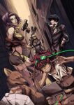  2boys 2girls animal beard black_hair cigarette cowboy_bebop dog edward_wong_hau_pepelu_tivrusky_iv ein_(cowboy_bebop) facial_hair faye_valentine goggles goggles_on_head green_eyes gun highres holding holding_gun holding_weapon jet_black looking_at_viewer multiple_boys multiple_girls orange_hair prosthesis prosthetic_arm purple_hair short_hair smile spike_spiegel spiked_hair sunglasses ten-chan_(eternal_s) weapon 