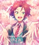  1boy bangs_pinned_back bracelet chi_yu collared_shirt commentary_request dated diagonal-striped_necktie ensemble_stars! flower green_eyes happy_birthday isara_mao jewelry lapels looking_at_viewer male_focus notched_lapels open_mouth outstretched_hand petals pink_flower purple_hair shirt short_hair solo teeth upper_body upper_teeth_only 
