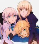  3girls ahoge artoria_pendragon_(fate) black_bow black_dress black_ribbon blonde_hair blue_dress blue_eyes blue_ribbon bow braid breasts cleavage closed_mouth commentary dark_persona dress dual_persona fate/grand_order fate/stay_night fate_(series) fingernails french_braid green_eyes grey_hair hair_bow hair_bun hair_ribbon juliet_sleeves kulissara-aung long_hair long_sleeves looking_at_viewer morgan_le_fay_(fate) multiple_girls open_mouth puffy_sleeves ribbon saber saber_alter short_hair siblings sidelocks simple_background single_hair_bun sisters twitter_username two-tone_dress white_background white_dress yellow_eyes 