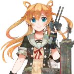  1girl abukuma_(kancolle) abukuma_kai_ni_(kancolle) black_gloves black_jacket blonde_hair blue_eyes closed_mouth collarbone double_bun gloves grey_sailor_collar hair_between_eyes hair_bun hair_rings itomugi-kun jacket kantai_collection long_hair machinery open_clothes open_jacket partially_fingerless_gloves red_ribbon ribbon rigging sailor_collar short_sleeves simple_background smile solo upper_body white_background 