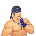  1boy abs ainu ainu_clothes bandaid bandaid_on_face bandaid_on_nose bara bead_necklace beads black_hair blue_headband buzz_cut facial_hair goatee gyee hand_on_own_chin headband itto_(mentaiko) jewelry kamui_(gyee) large_pectorals long_sideburns looking_to_the_side male_focus mature_male muscular muscular_male necklace nipples nude pectorals short_hair sideburns smile solo stroking_beard stroking_own_chin stubble thick_arms thick_eyebrows upper_body very_short_hair 