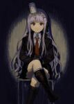  1girl black_footwear black_gloves black_jacket black_ribbon boots brown_eyes chair collared_shirt cup_ramen_on_head danganronpa:_trigger_happy_havoc danganronpa_(series) expressionless food food_on_head foot_out_of_frame gloves grey_shirt hair_ornament hair_ribbon highres jacket kirigiri_kyoko knee_boots long_hair long_sleeves necktie object_on_head open_clothes open_jacket orange_necktie pink_hair ribbon shirt sitting soga_(ool_x4) solo 