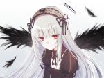  1girl absurdres black_wings expressionless feathers gothic_lolita gradient_background grey_hair hairband halo highres juna22_a lolita_fashion lolita_hairband long_hair looking_to_the_side red_eyes rozen_maiden solo suigintou upper_body wings 